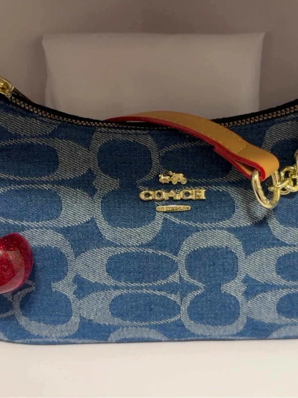 Coach Blue Denim Signature Wristlet with Red & Tan Strap